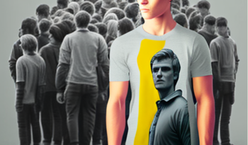 парень в футболке с цветной печатью перед серой толпой