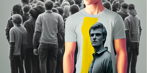 парень в футболке с цветной печатью перед серой толпой